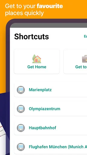 Munich Metro shortcuts menu for quick access to home, favorite places, and major destinations Marienplatz