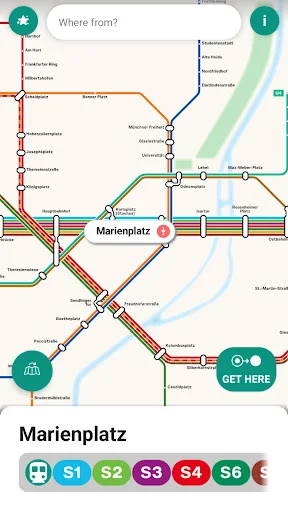 Munich Metro interactive map centered on Marienplatz station with subway lines and GET HERE navigation button