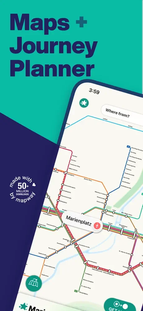 Munich Metro app showing interactive transit map with colored metro routes, stations, and journey planner interface