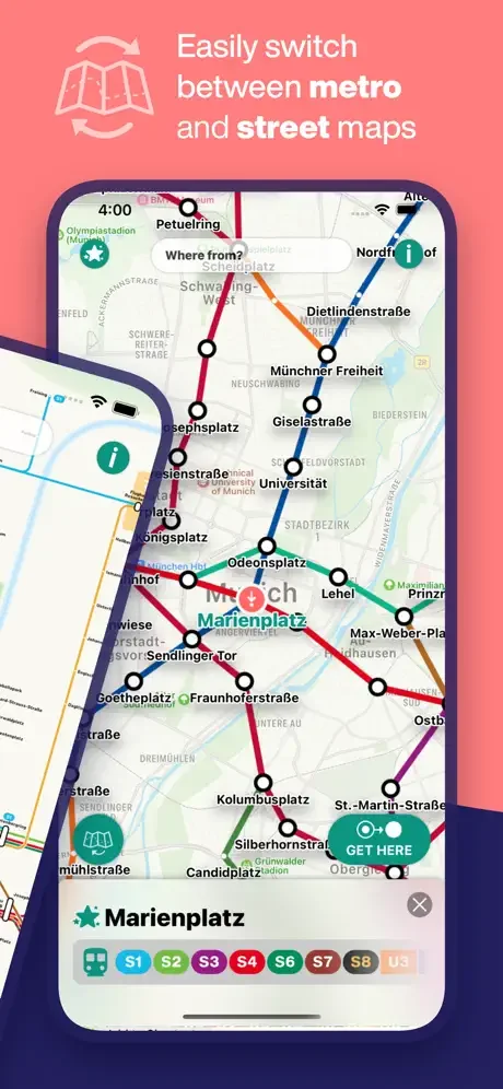 Munich Metro app feature to easily switch between metro and street maps with transit route lines and station details