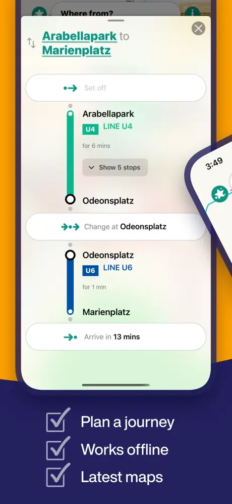 Munich Metro route planner showing journey from Arabellapark to Marienplatz with line transfers and total arrival time