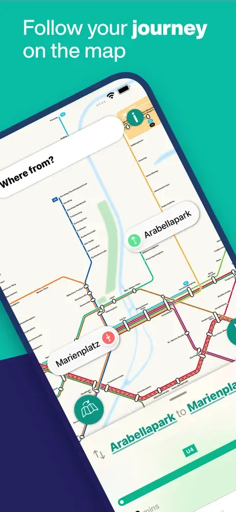 Munich Metro map displaying real-time journey tracking from Arabellapark to Marienplatz with colored transit routes