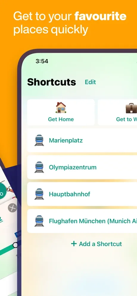 Munich Metro Shortcuts feature with quick access buttons to saved favorite locations including home and train stations
