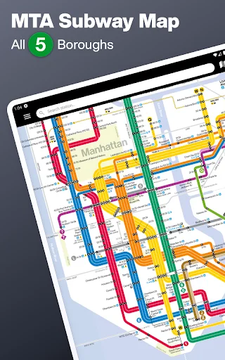 MTA Subway Map showing all 5 NYC boroughs with color-coded transit lines and street overlay