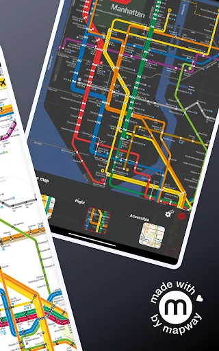 Dark-themed NYC subway map view for transit navigation and route exploration on mobile device