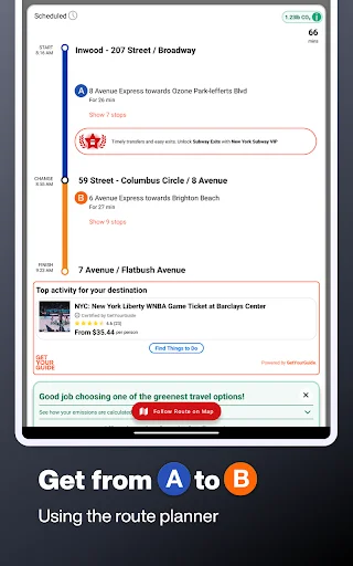 Route planner interface displaying multiple transit options with arrival times and stop details