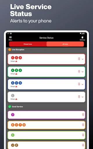 Live Service Status alerts showing real-time NYC subway line updates and service disruptions