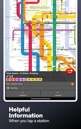 Station information screen displaying available subway lines and helpful navigation options