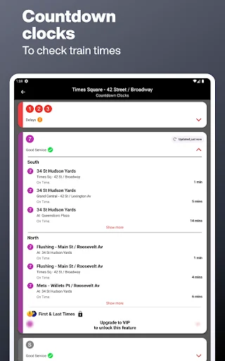 Real-time train countdown clocks showing next arrival times for NYC subway trains at stations