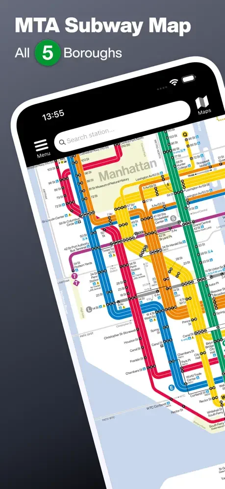 MTA Subway Map displaying all five NYC boroughs with color-coded transit lines and search station feature