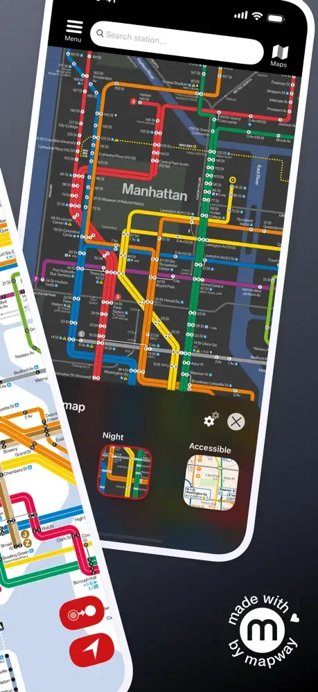 NYC subway map with night mode dark theme and accessible map style display options
