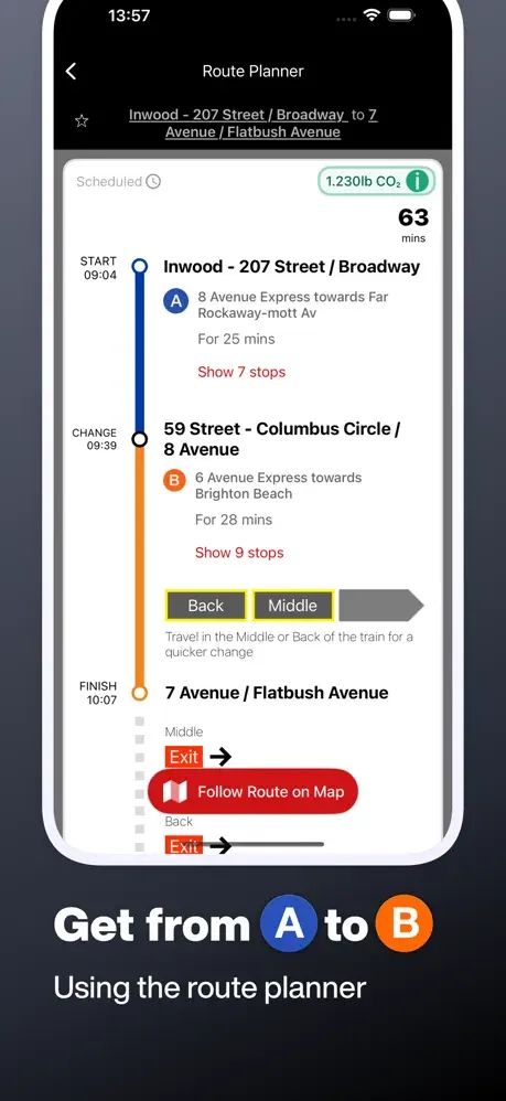 Route planner showing train journey from Inwood to 7 Avenue with stops, times, and transfer points