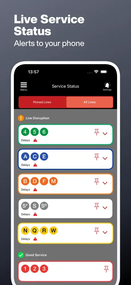 Live service status alerts showing real-time subway line delays and service disruption notifications