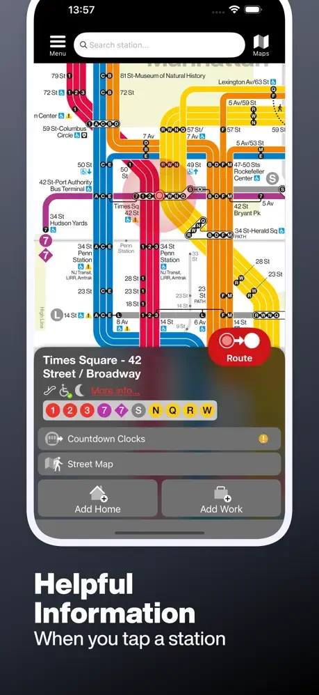 Station details page for Times Square showing countdown clocks, accessibility info, and quick shortcuts