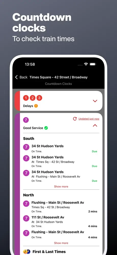 Real-time countdown clocks displaying arriving train times, directions, and station destinations