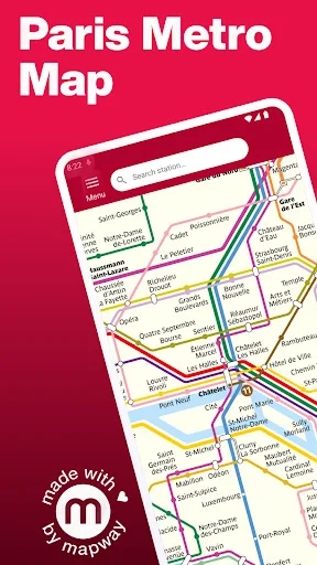 Paris Metro Map: Interactive subway map showing all metro lines in different colors with search and menu options