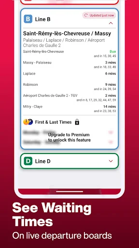 Live Departure Times: Real-time metro departure boards showing wait times and station schedules