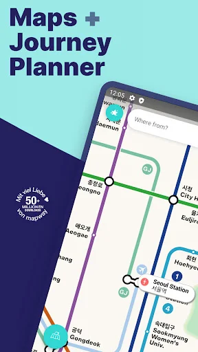 Seoul Metro journey planner app showing subway map with colored metro lines and 'Where from?' search field for planning routes