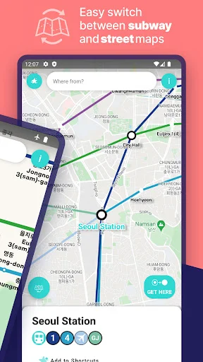 Seoul Station location displayed on both subway and street map views with toggle feature and 'Get Here' navigation button