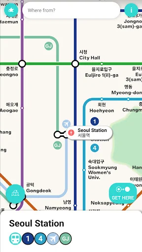 Seoul Station subway map view showing surrounding stations like City Hall, Myeongdong, Hoehyeon with navigation and station icons