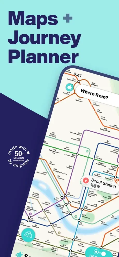 Seoul Metro journey planner app showing subway map with colored lines and Seoul Station as departure point for navigation