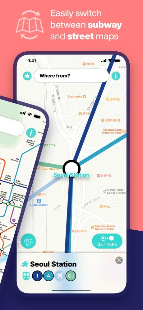 Switch between Seoul subway and street maps easily with Seoul Station details and route planning information displayed
