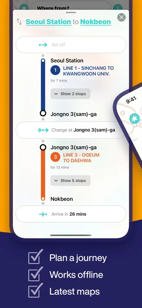 Seoul Metro journey planner showing route from Seoul Station to Nokbeon with transfers and 26-minute total travel duration