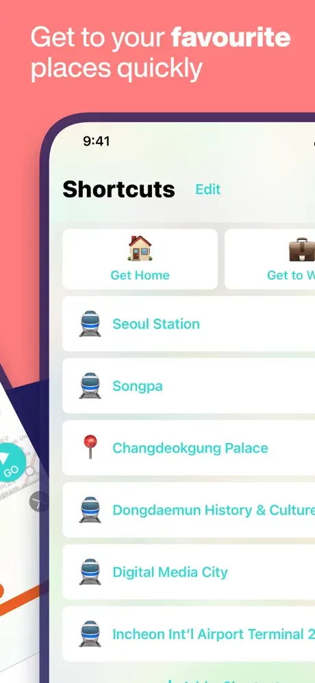 Seoul Metro app shortcuts feature with quick access buttons to favorite places and frequently visited destinations