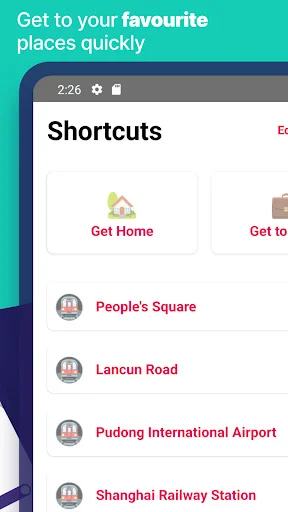 Shanghai Metro app Shortcuts menu featuring quick access to favorite places including home, People's Square, and Pudong Airport