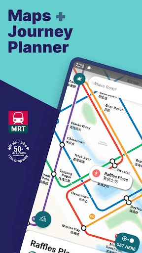 Singapore MRT metro map with colored transit lines and offline route planner connecting multiple stations