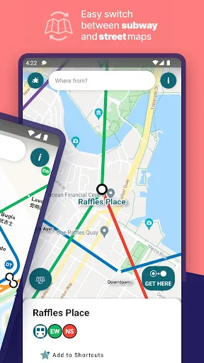 Toggle between subway and street maps for flexible navigation throughout Singapore transit network