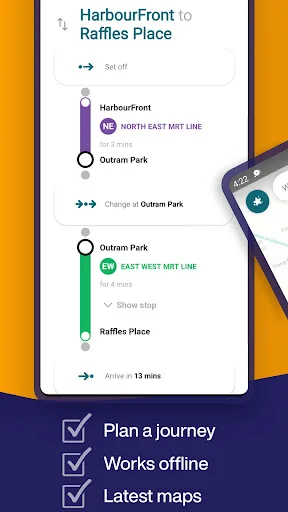 Route journey planner displaying stops, transfers and timing from HarbourFront to Raffles Place offline
