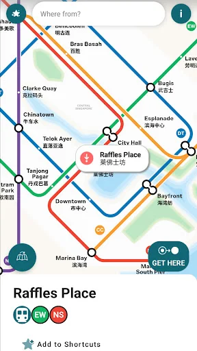Raffles Place metro station map view with connecting MRT lines and add to shortcuts option