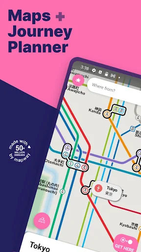 Tokyo Metro Subway Map journey planner showing colored transit lines, stations, and route planning on mobile app