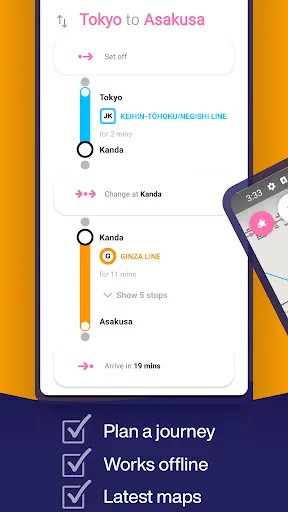Route planner showing Tokyo to Asakusa journey with step-by-step directions, train line changes, and offline capability