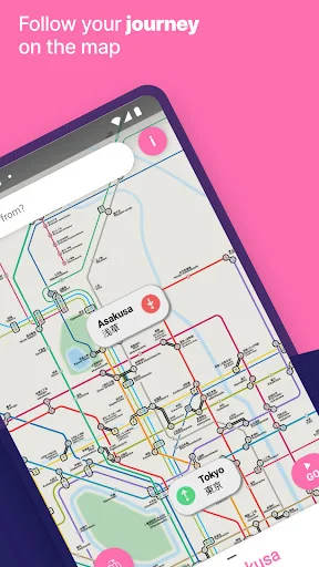 Real-time journey tracking on Tokyo Metro Subway Map with colored transit lines and live position markers on mobile app