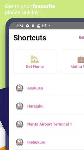 Tokyo Metro app Shortcuts screen for quick access to favorite places like Asakusa, Harajuku, and Narita Airport