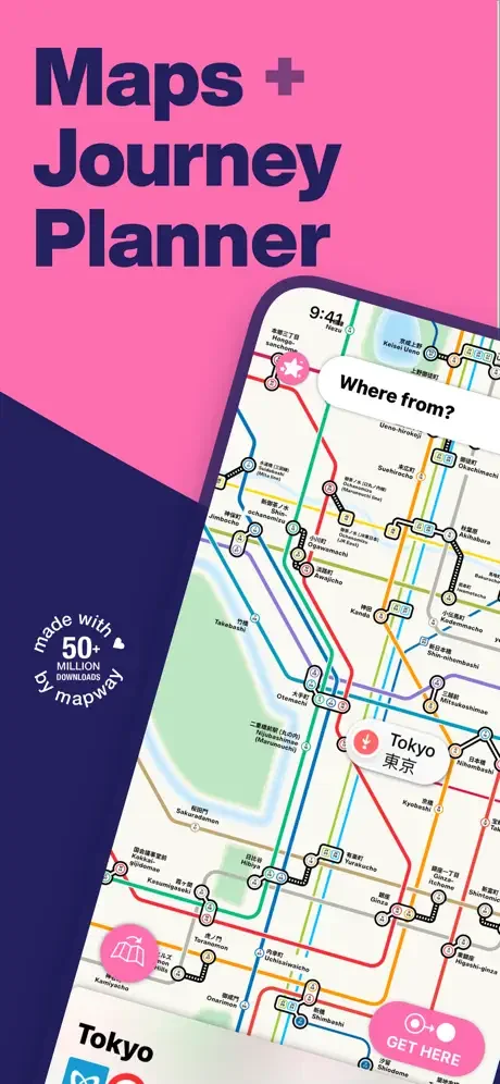 Tokyo Metro Subway Map and journey planner app showing colorful metro lines with navigation interface