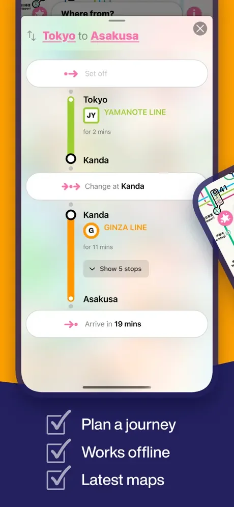 Route planner showing journey from Tokyo to Asakusa via metro lines with arrival time and transfers