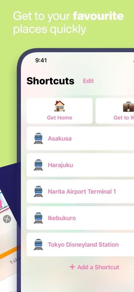 Shortcuts feature for quick access to favorite Tokyo locations like Asakusa, Harajuku, and airports