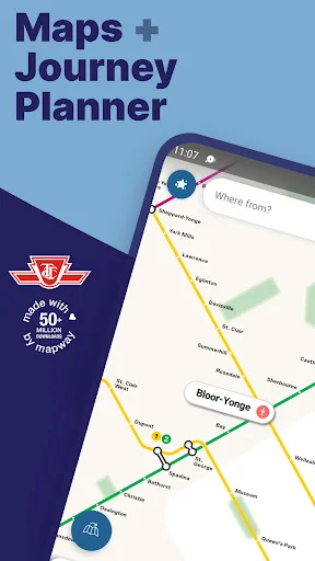 Toronto Subway Map app overview displaying Maps and Journey Planner feature with TTC logo, showing colored subway routes on interactive map interface