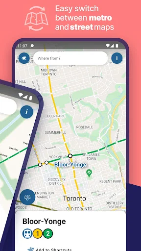 Easy switch feature between Toronto metro and street maps on phone screen, displaying Bloor-Yonge station with multiple colored transit lines and station indicators