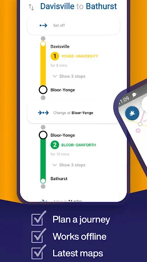 Journey planner screenshot showing step-by-step route from Davisville to Bathurst with transfers, offline functionality, and latest Toronto subway map updates