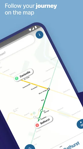 Follow your journey feature on Toronto subway map with route visualization from Davisville to Bathurst station marked with location pins