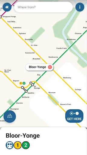 Toronto subway map interface showing Bloor-Yonge station with Where from search bar, transit line indicators, and GET HERE navigation button