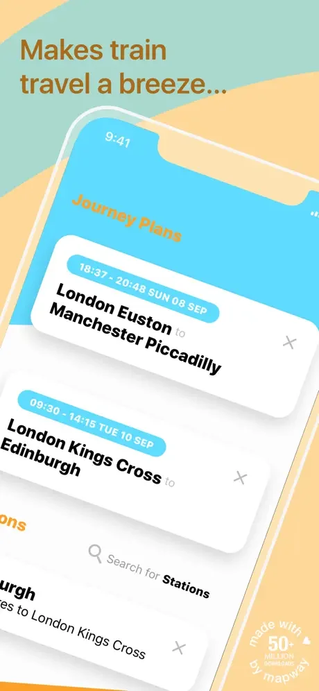 myTrains app showing saved journey plans with UK train times, departures and routes between stations like Manchester and Edinburgh