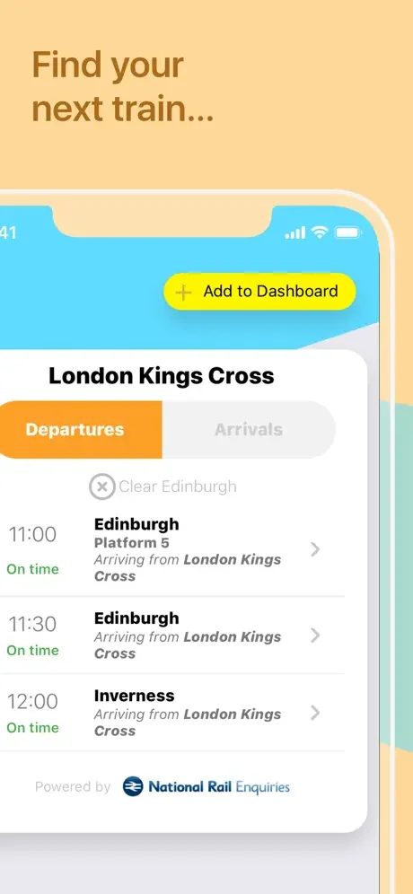 London Kings Cross live departures board on myTrains displaying train times to Edinburgh and Inverness with platforms and on-time status