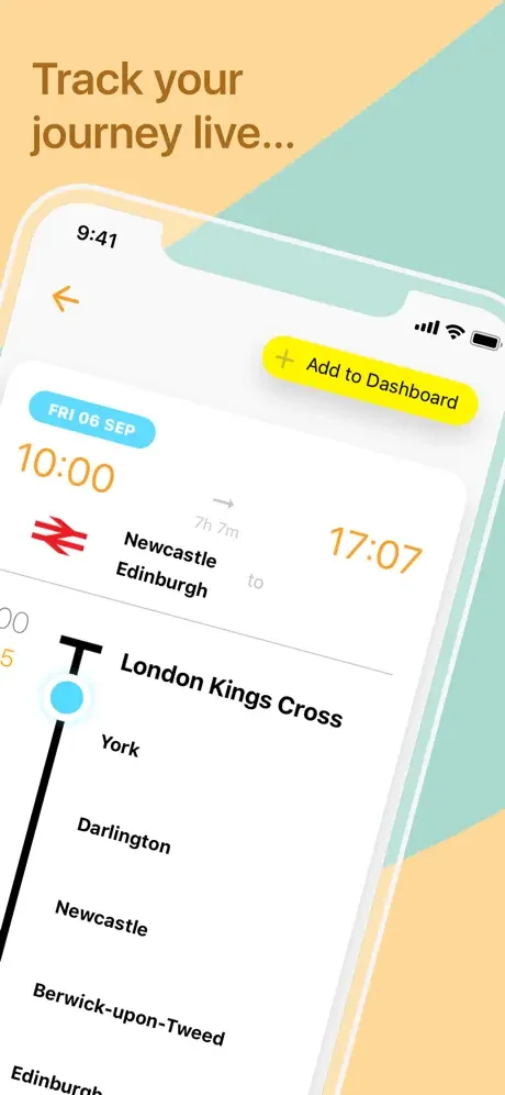 myTrains live journey tracker showing train route from Newcastle to Edinburgh with intermediate station stops displayed in real-time