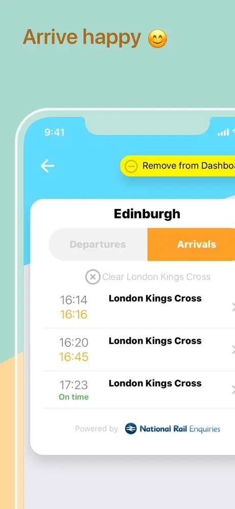 Edinburgh station arrivals on myTrains showing incoming trains from London Kings Cross with scheduled and actual arrival times displayed