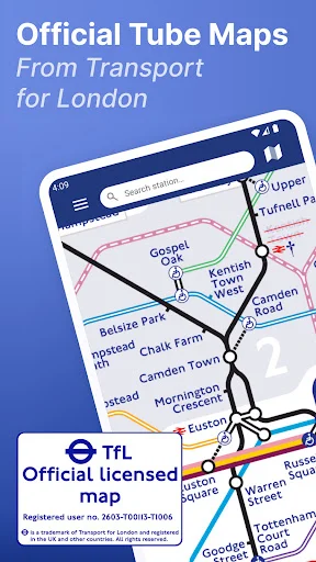 Official London Underground tube map with TfL-licensed transit lines and station information displayed on mobile device